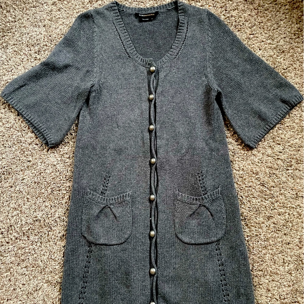 BCBGMaxAzria cardi sweater, Size S. Gray w/ silver buttons, elbow length sleeves